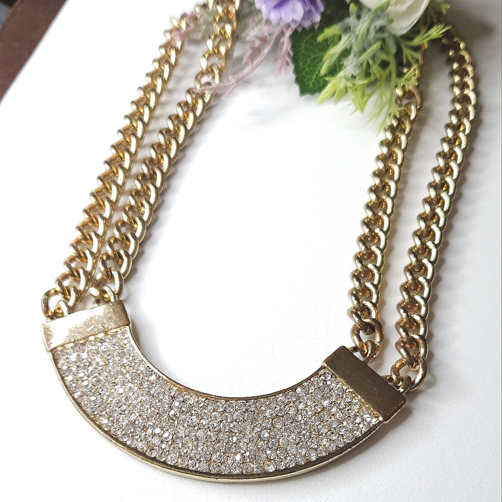 Vintage Double Chain Link Crystal Bib Style Statement Necklace